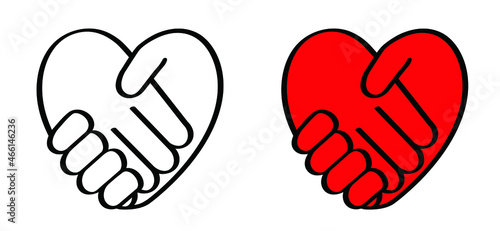Love, handshake in heart symbol. Business contract concept. Vector teamwork icon or pictogram. Cartoon, love heart on 14 february, valentine, valentines day.  Amor, amour