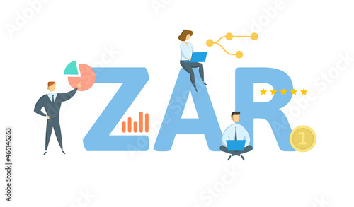 ZAR, South African rand. Concept with keyword, people and icons. Flat vector illustration. Isolated on white.