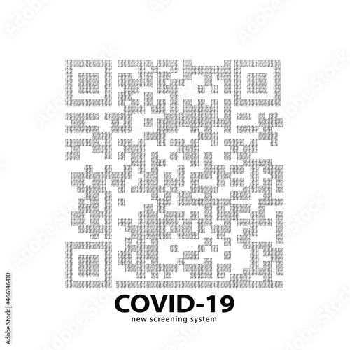 QR-code Covid-19/Coronavirus pandemic problem. Illustration of the new public access screening system. The QR-code symbol is made with text symbols of the word covid-19