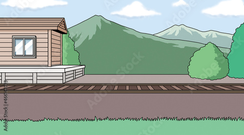 のどかな田舎の駅と線路がある風景