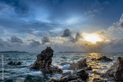 long exposure landscape, sea, rocks, clouds, sky, sunset