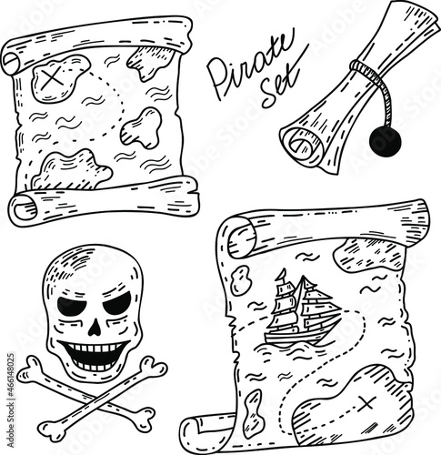 Pirate map, skull, treasures map. Hand drawn vector doodle style illustration. Black outline line art sketch for children coloring book.
