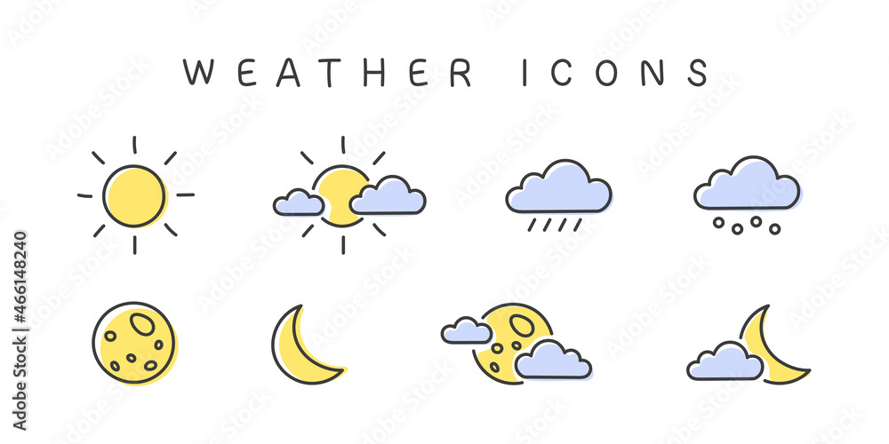 Weather Icons. Moon sun signs with clouds. Meteorology icons elements. Weather web icons in modern style. Vector illustration