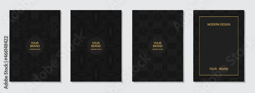 Set of cover design, vertical templates. Geometric volumetric convex ethnic 3D pattern, a unique collection of black backgrounds, embossed texture, space for text. Oriental, Indonesian, Mexican, Aztec