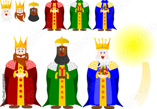 Los tres Reyes Magos con ropaje de distinto color y estrella de navidad