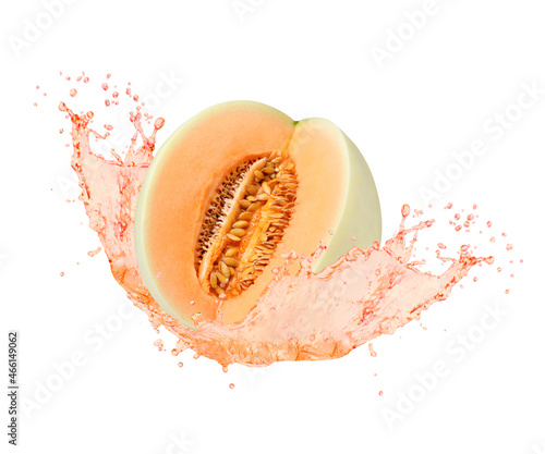 Картината върху платно Cantaloupe melon with juice splash isolated on white background.