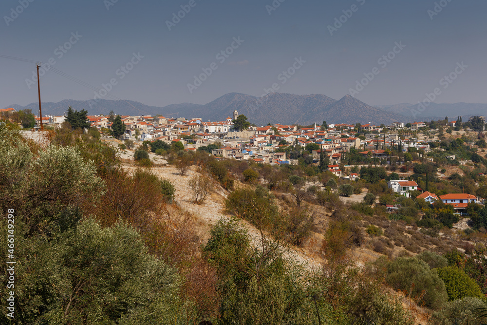 Beautiful view of the ancient village and the mountains. Pano Lefkara village, Cyprus. Travel concept, landscape