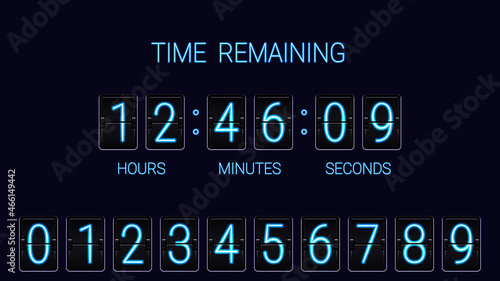 Flip scoreboard countdown counter timer. Neon style. Countdown board of remaining time with hour, minute and second scoreboards. Vector illustration.