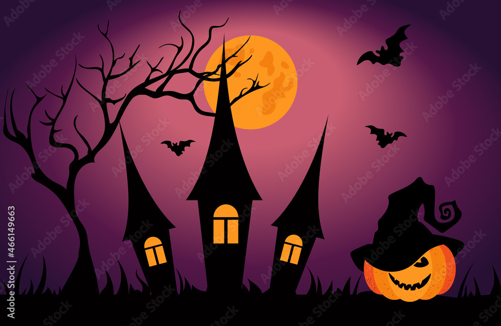 Festive poster with a pumpkin in a black hat. Halloween is the scariest and funniest international holiday ever. The moon illuminates the castle with windows at night. Bats fly in the sky. 