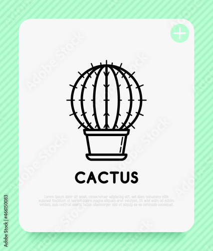 Cactus with prickles in pot thin line icon. Modern vector illustration of home plant.