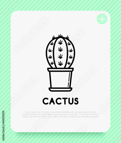 Cactus with prickles in pot thin line icon. Modern vector illustration of home plant.