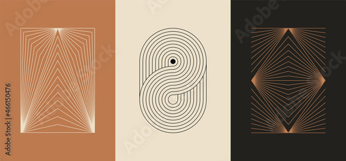 Vector minimal geometric illustrations set - trendy abstract aesthetic linear compositions, prints, frames and graphic design elements