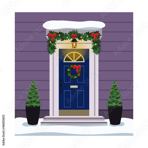 Front door decorated with Christmas wreath, fir garland, Crhistmas trees, lantern. Cartoon style. Vector illustration in flat stile.