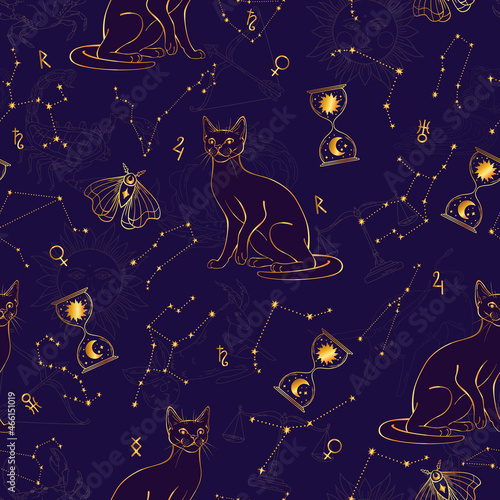 Esoteric seamless pattern with cats, zodiac, moon and horoscope. Night magic and time.