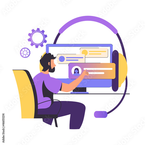 Help line vector illustration. Man with headphones and microphone. Customer self-service, get in touch, call center, online assistance, FAQ, e-support system, live chat, virtual service point 24 for 7