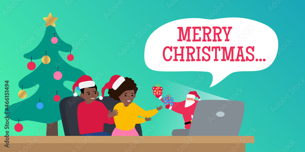 Fototapeta premium merry christmas santa claus from laptop giving a gifts to african american children