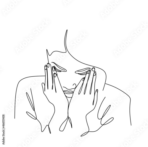 continuous drawing with one line a woman's face wipes tears with her hands