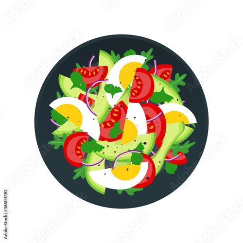 healthy salad with boiled eggs avocado arugula tomatoes red onion on plate top view