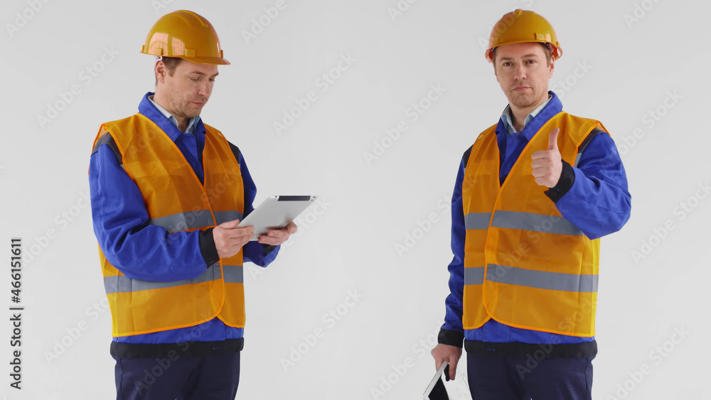 Construction worker in uniform and hardhat using tablet PC and showing thumb up Construction worker in uniform and hardhat using tablet PC and showing thumb up