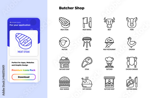 Butcher shop thin line icons set: meat steak, beef, pork, mutton, BBQ, chicken, burger, cutting board, meat knives. Modern vector illustration.