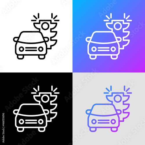 Traffic offence thin line icon: car is riding on red traffic light. Modern vector illustration.
