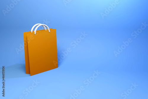 3D orange bag on blue background with shadows. Online shopping, discount concept. 3d render.