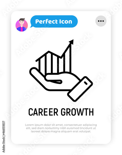 Career growth thin line icon: graph of growth in hand. Modern vector illustration.