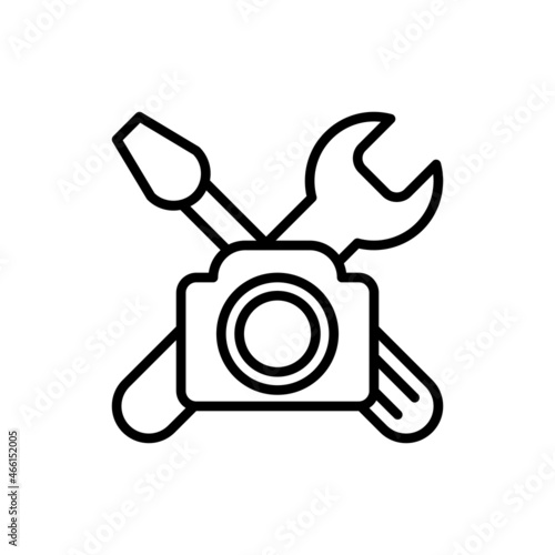 DIY video thin line icon: camera with work tools. Modern vector illustration for blogger logo.