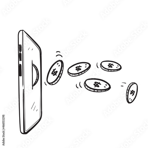hand drawn doodle mobile phone and money illustration isolated