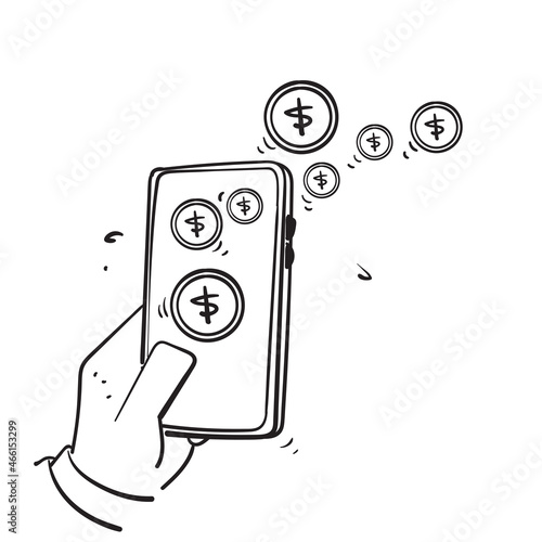 hand drawn doodle mobile phone and money illustration isolated