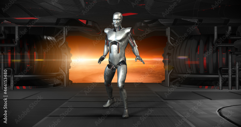 Joyful Futuristic AI Robot Dancing In Spaceship. Space Journey. Technology And Space Related 3D