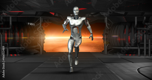 Funny Joyful Cyborg Making Dance Moves Moving Arms. Space Journey. Technology And Space Related 3D Illustration Render.