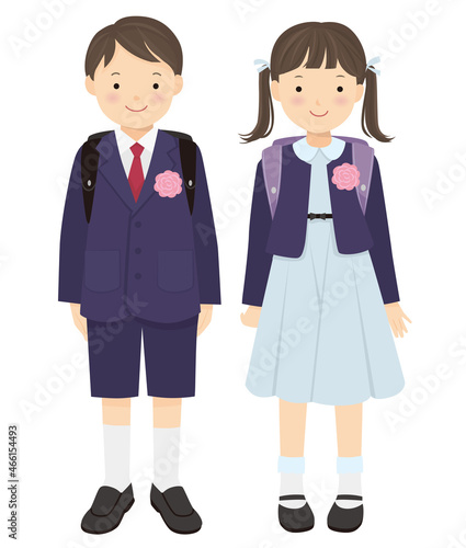 ランドセルを背負った女の子と男の子、1年生