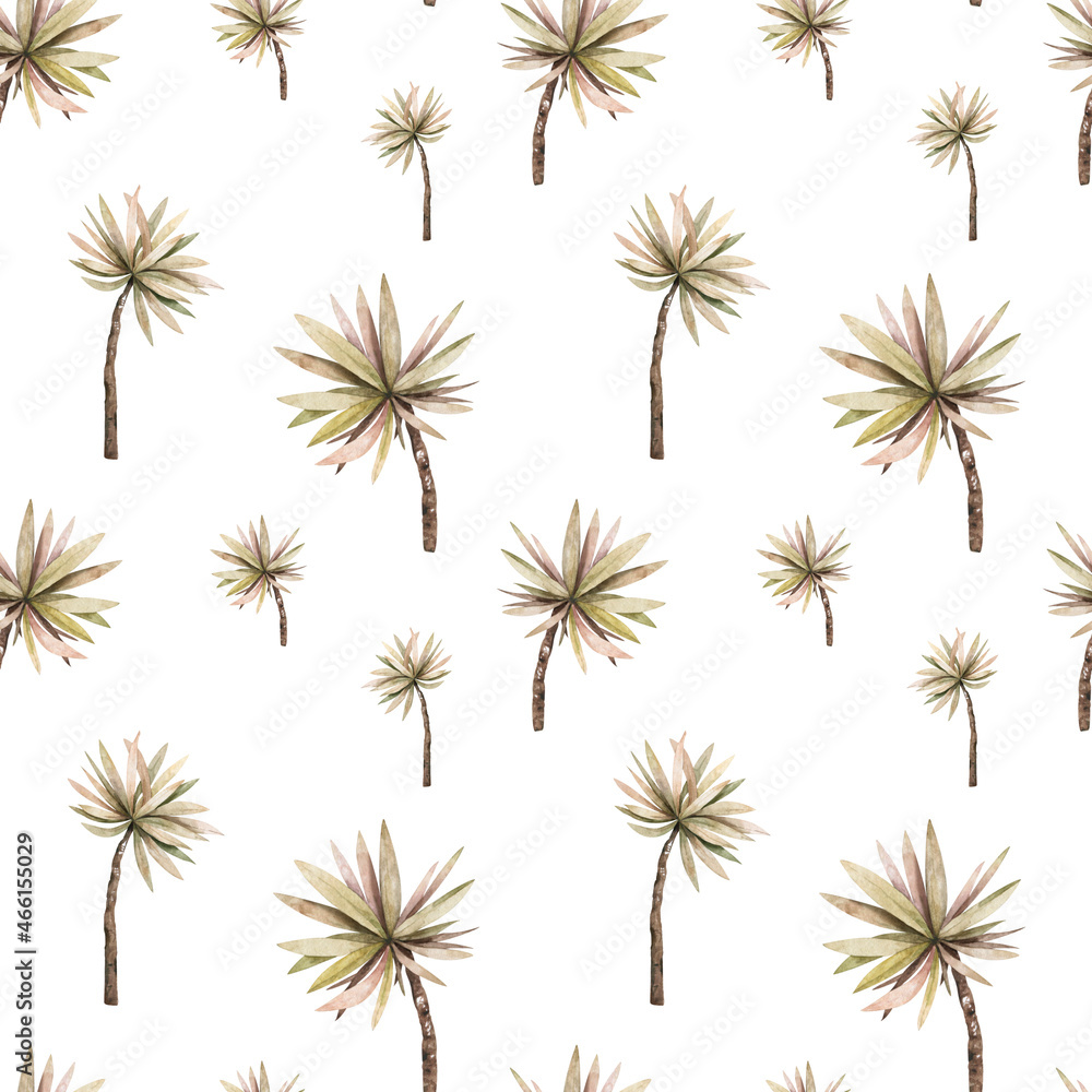 Fototapeta premium Watercolor pattern tropical palm trees on white background