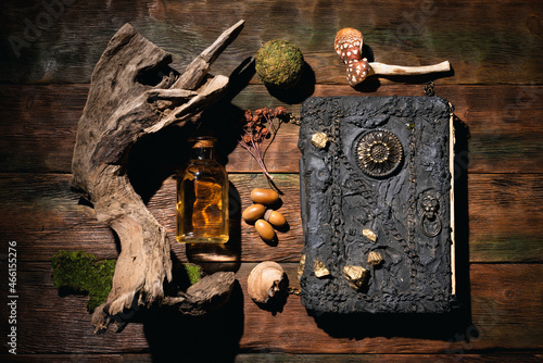 Obraz na plátně Concept of magic book, dry herb and magic potion on the wooden table background
