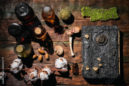 Concept of magic book, dry herb and magic potion on the wooden table background. photo