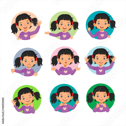 Little girl facial expressions emotions avatar set. Vector of various hands postures with different gestures such as okay, thumb up, pointing finger, waving, no idea sign.