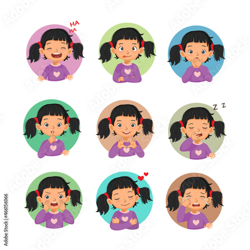 Little girl facial expressions emotions set. Such as laughing, silly face, hands cover mouth, silence, love sign, miss, crying, sleepy, yelling. Vector of avatar of different hands gestures and signs