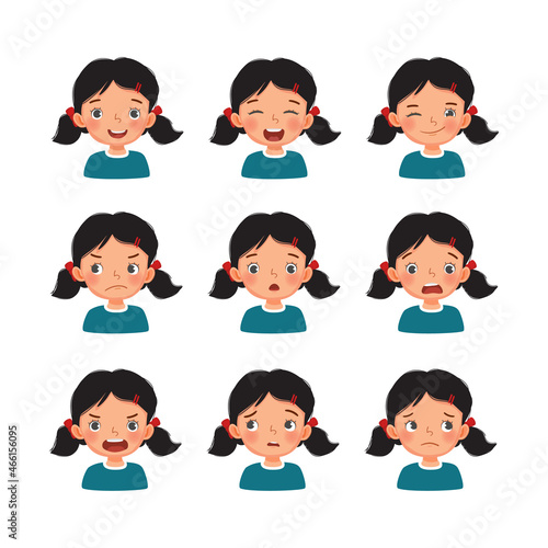 Cute little girl with facial expressions set. Vector of kid faces with different emotions such as happy, smiling, laughing, winking, sulking, surprised, shocked, angry, confused, and worried.