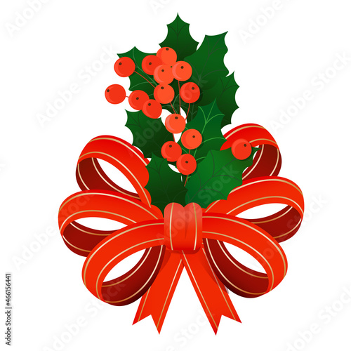 Christmas decoration of holly sprig with red berries and red ribbons tied in a bow. Illustration isolated on white background.