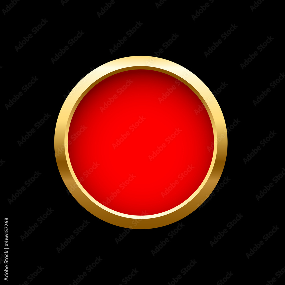 Red button in round gold frame, 3d shiny metal golden circle on green push click button