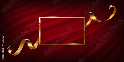 Gold frame with silk ribbon on red curtain, 3d vintage luxury banner for awards ceremony
