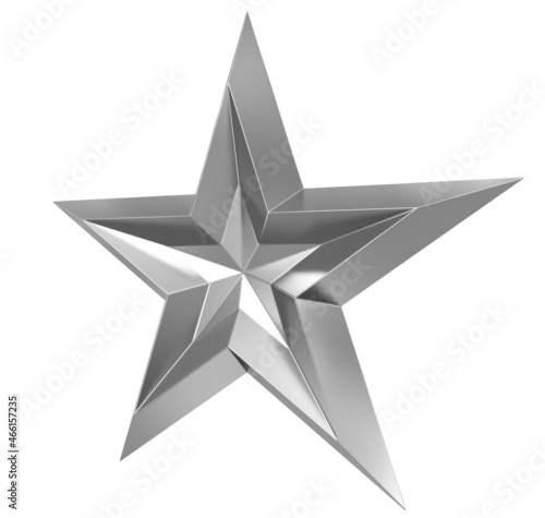 5 point star - Christmas Star - silver metal single isolated on white - 3d rendering