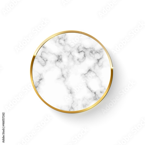 Golden circle ring frame with marble pattern inside, 3d shiny decoration of round shape