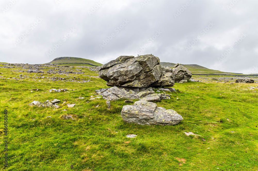 A view of a glacial erratics deposited on limestone bases on the southern slopes of Ingleborough, Yorkshire, UK in summertime