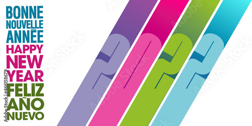 2022-Carte ou bannière pour la nouvelle année, géométrique aux couleurs acidulées - texte français, anglais, espagnol - traduction : bonne nouvelle année.