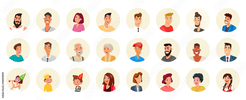 Naklejka premium Round avatars set with faces of people, comic portraits of happy social media users