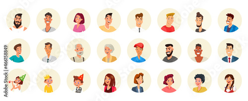 Round avatars set with faces of people, comic portraits of happy social media users