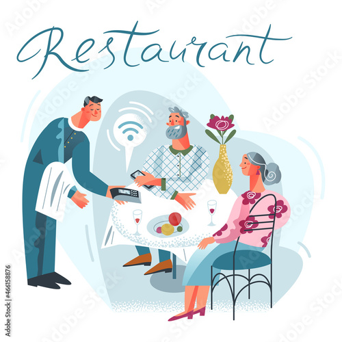 Cashless payment in restaurant, elderly pay for order food, waiter holding pos terminal