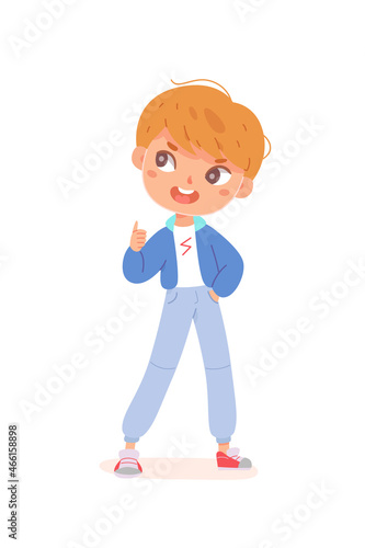 Cute kid with finger thumb up, little boy gesturing ok, schoolboy showing appreciation